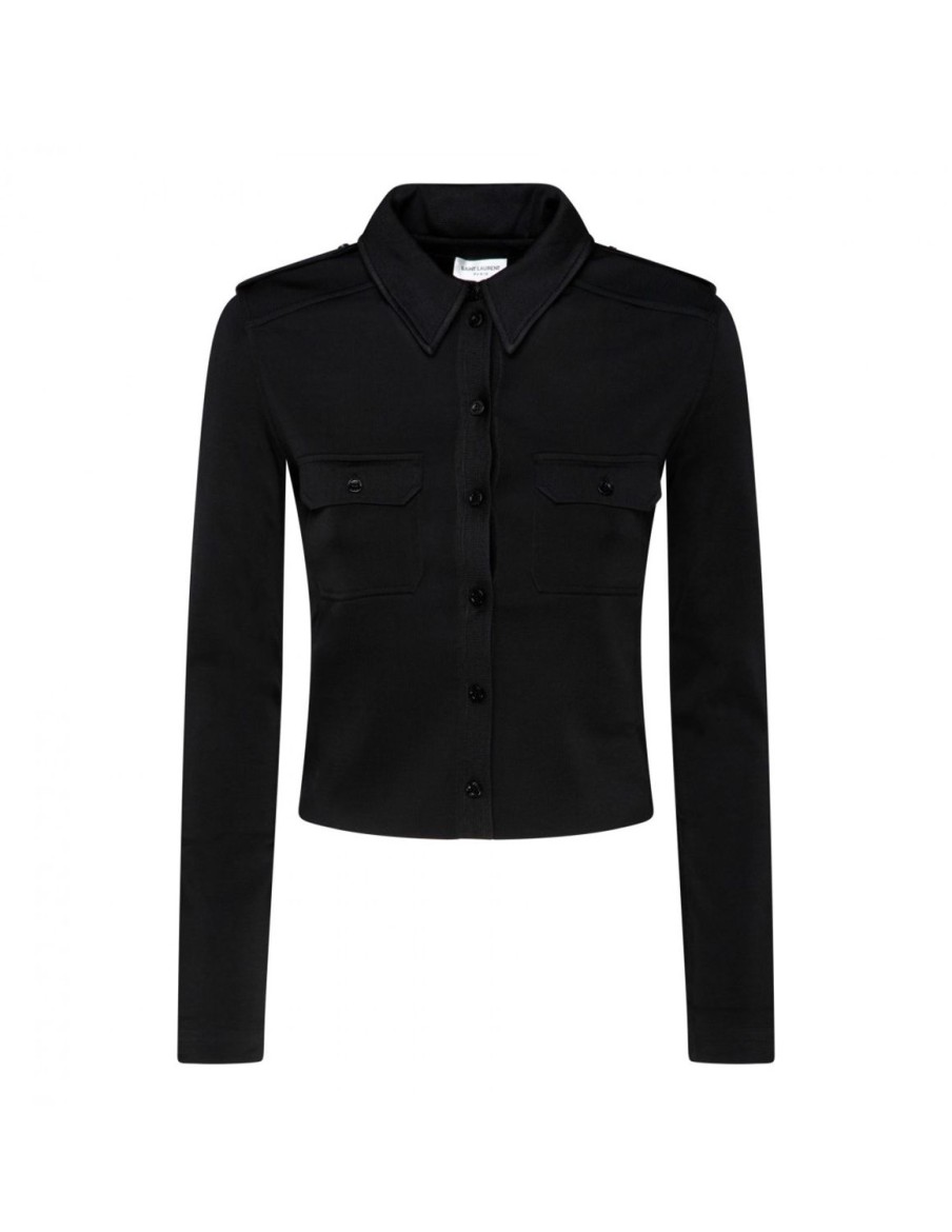 Clothing Saint Laurent Cropped Knit Polo Shirt Noir Boutiqwardrobe